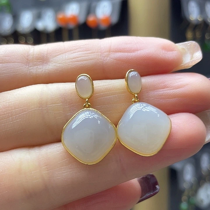 和田玉耳饰银S925镀金镶嵌