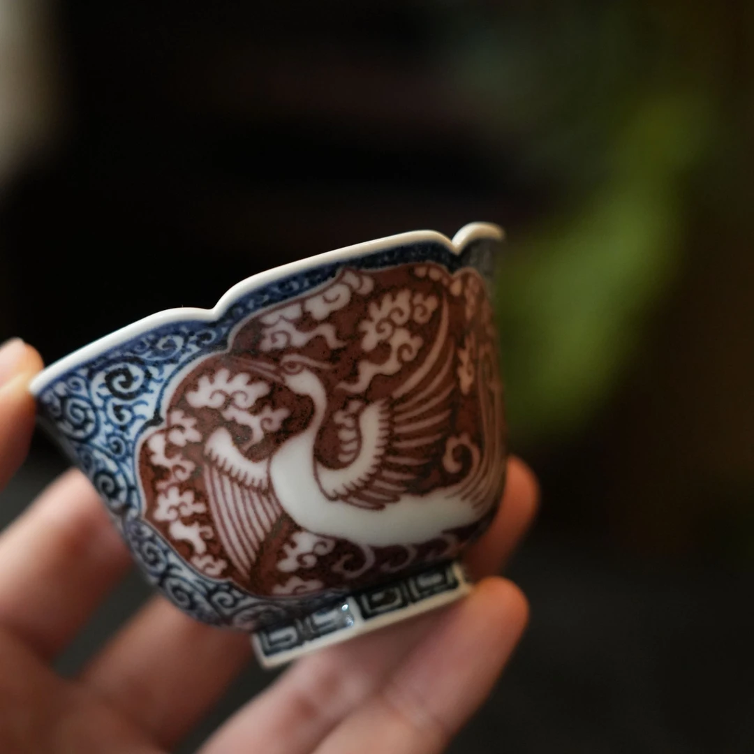 【雲梦】畅怀堂-青花釉里红太阳鸟六方杯