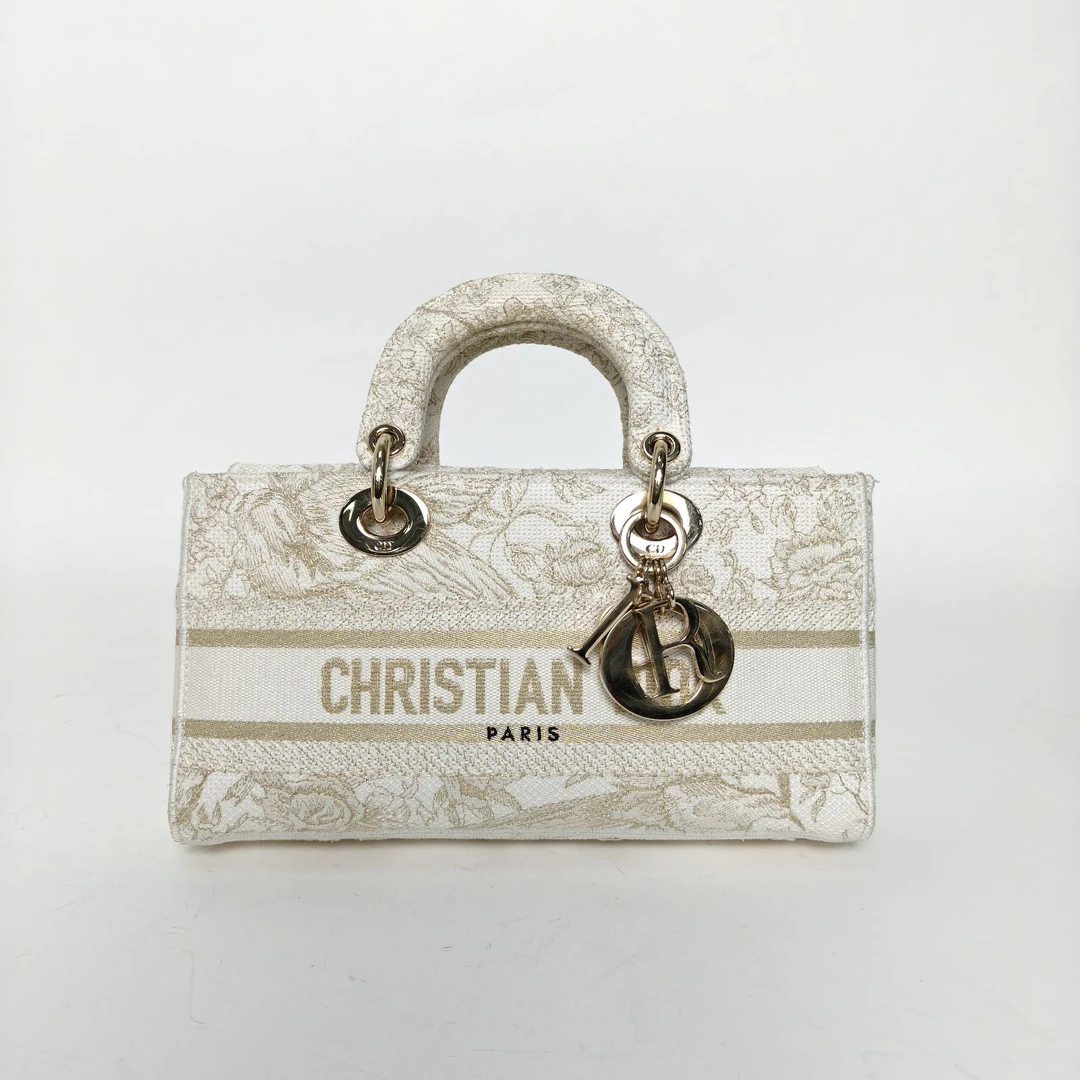 99新 DIOR/迪奥 【娇】横版戴妃包26 白色帆布 浅金扣2022 927713