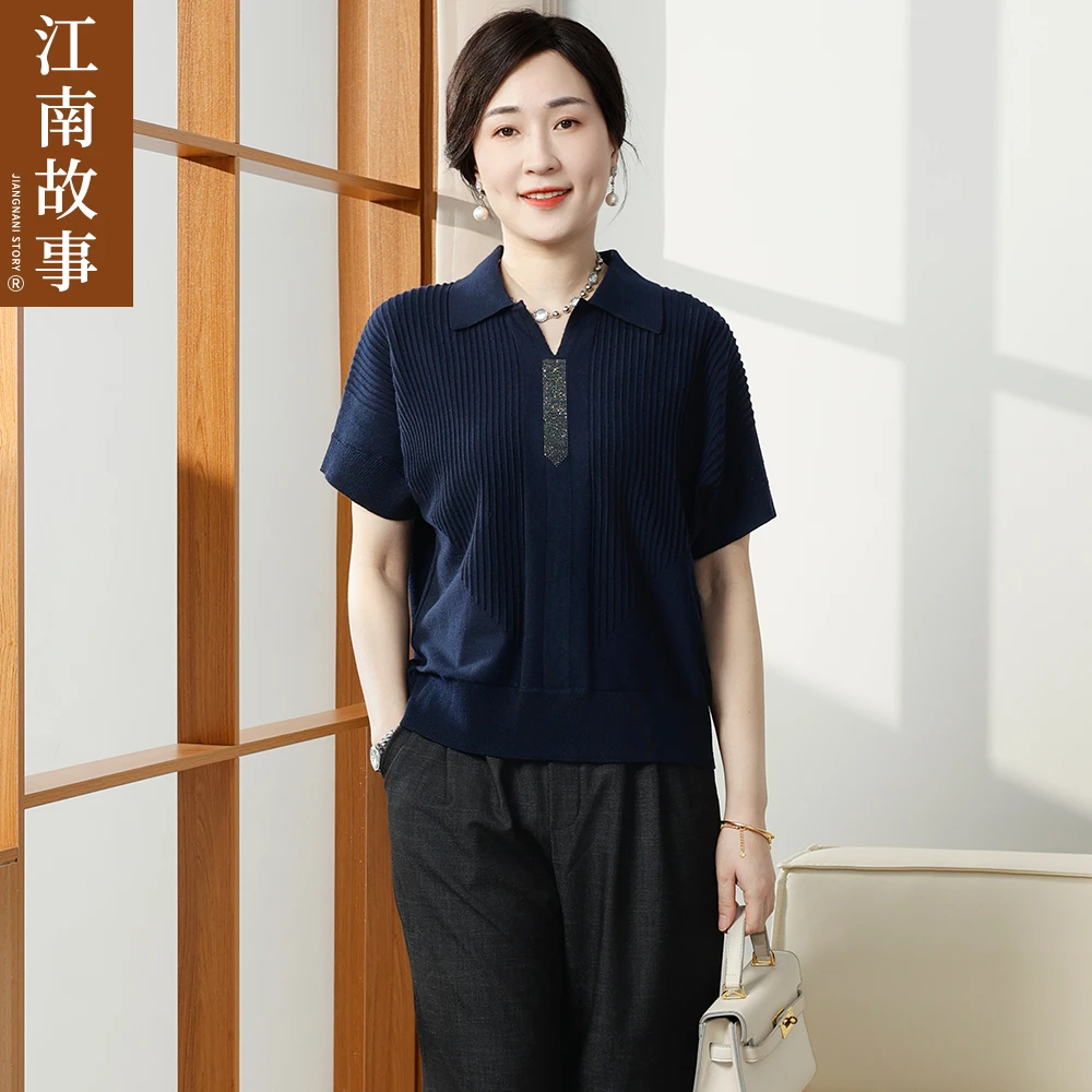 江南故事妈妈装薄款针织衫洋气百搭中老年女装翻领时尚宽松上衣