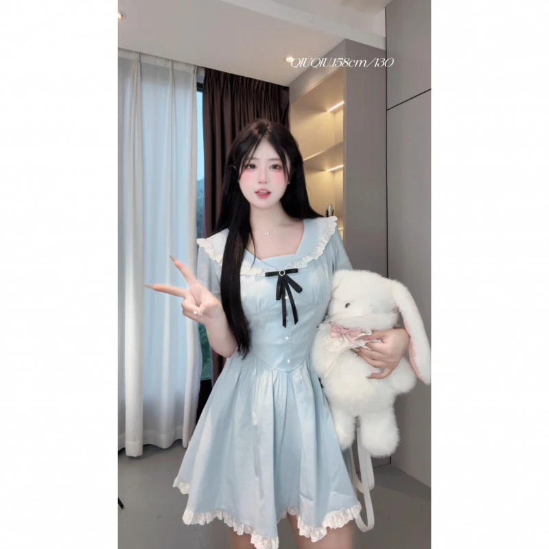 【未闻花名】9676 胖mm夏季蕾丝花边A字V领蝴蝶结小清新连衣裙