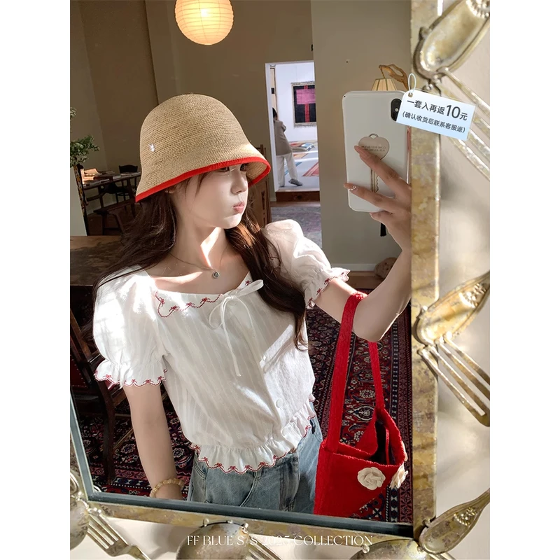 FF BLUE 嗲嗲甜妹 纯棉洋气减龄提花刺绣蝴蝶结衬衫红格纹蛋糕裙