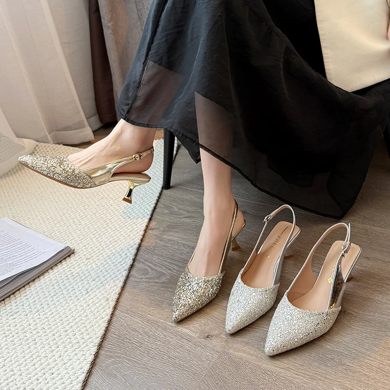 加宽胖脚大码女鞋法式轻奢包头亮片伴娘鞋优雅气质尖头半拖凉鞋女