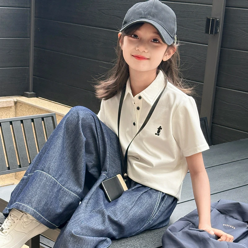 西西家女童2025夏季新款潮流百搭翻领短袖T恤儿童休闲上衣JX9162