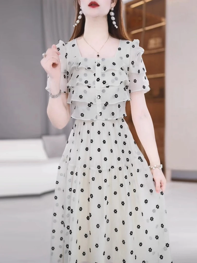【连衣裙】夏季新款方领纯色花点法式轻薄减龄中长款连衣裙M-4XL