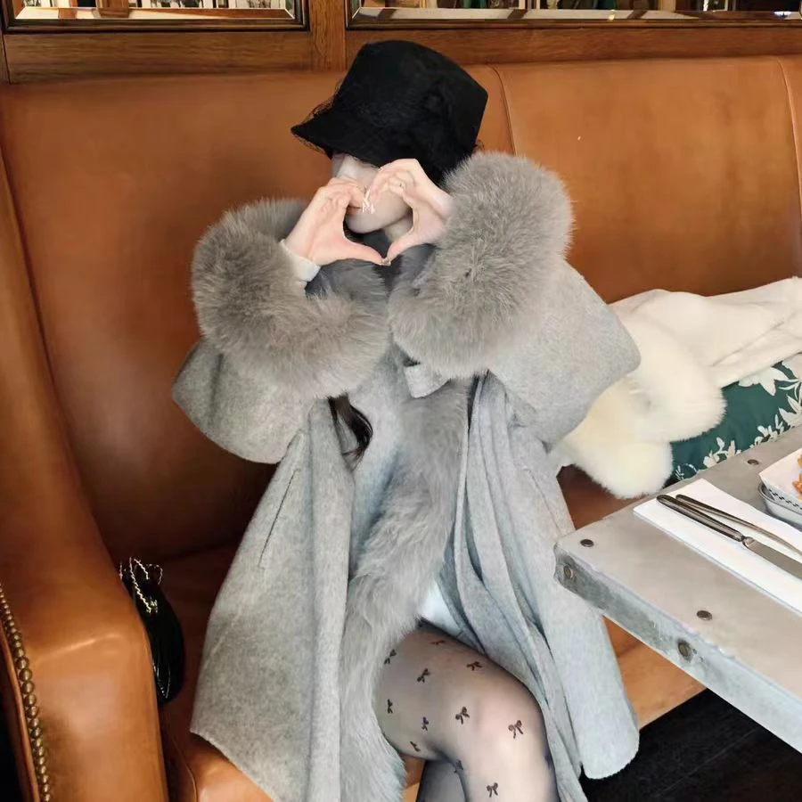 冬季新款豪华真毛领双面大衣宽松高货阿尔巴卡上档次外套6697款