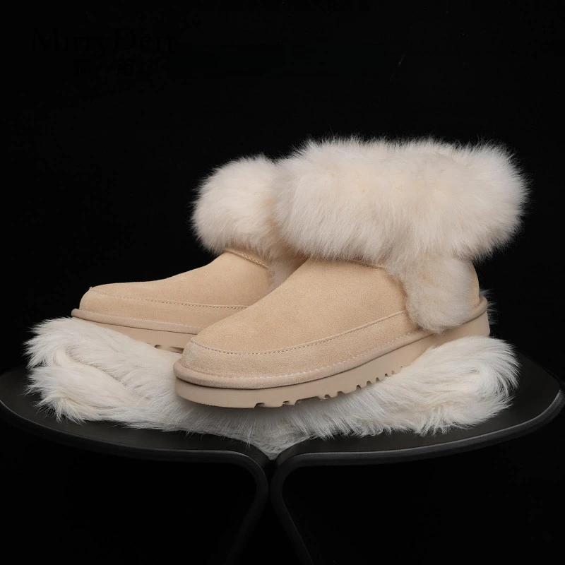 弥笛时尚羊毛内里平底加绒雪地靴女2025冬季新款短筒加厚保暖棉鞋