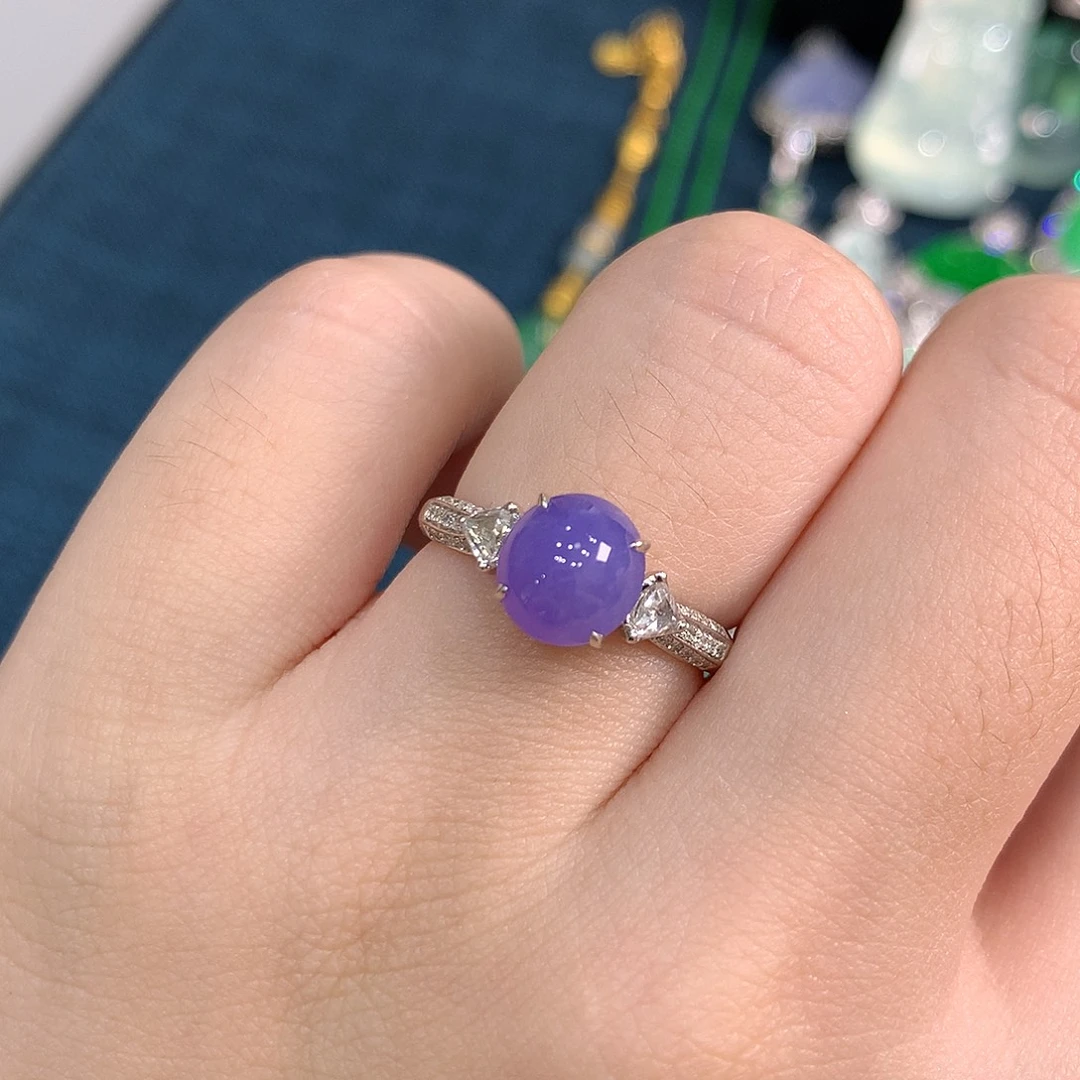 翡翠18K金镶嵌颈饰冰胶妖紫蛋面戒指 48小时鉴赏期