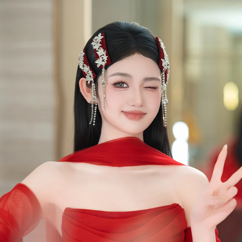 合金婚庆饰品 新娘复古红色发夹精致敬酒新中式国风结婚配饰MT097