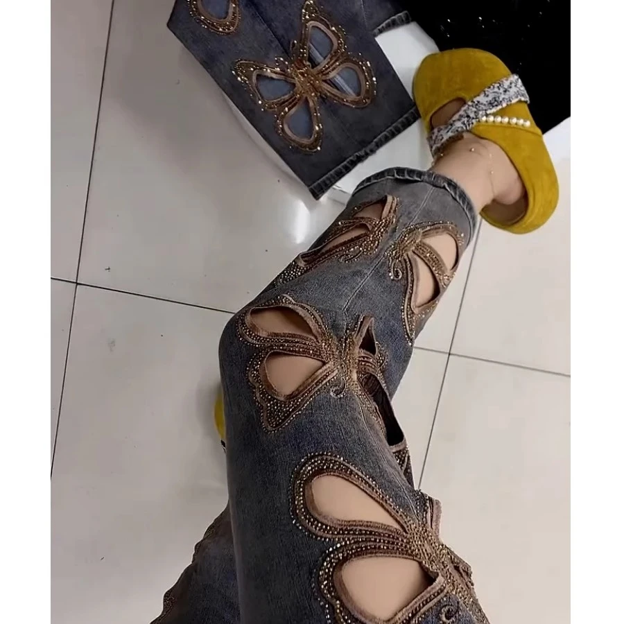 夏季新款蝴蝶镂空烫钻牛仔裤女梨形身材遮胯显瘦高腰直筒烟管裤子
