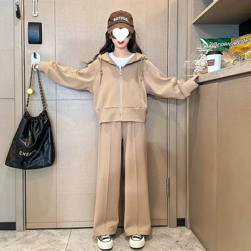 女童早秋新款长袖拉链卫衣直筒裤两件套2025中大童女孩运动套装潮