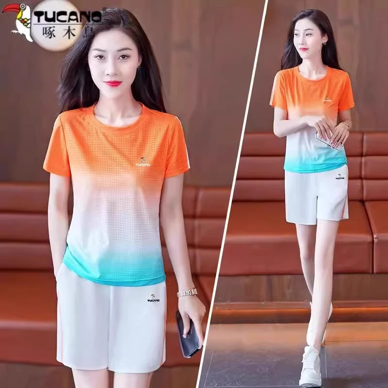 啄木鸟冰丝短裤跑步运动服套装女夏小个子薄款速干短袖休闲两件套