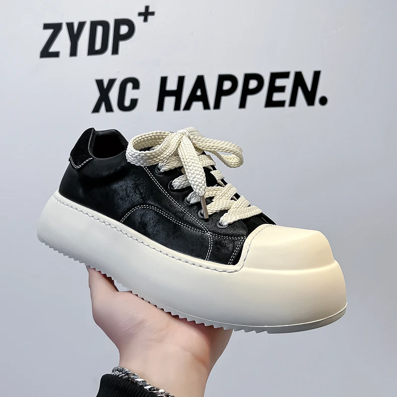 冬季黑色板鞋男款厚底增高情侣同款通勤大头德比鞋休闲男66678-A