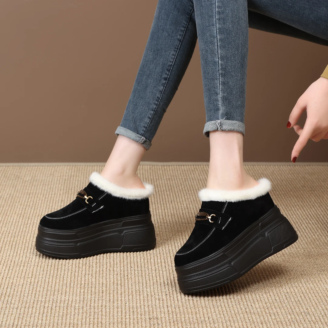 超高跟10-12cm冬季毛毛拖鞋女加绒小个子显高保暖厚底包头半拖鞋