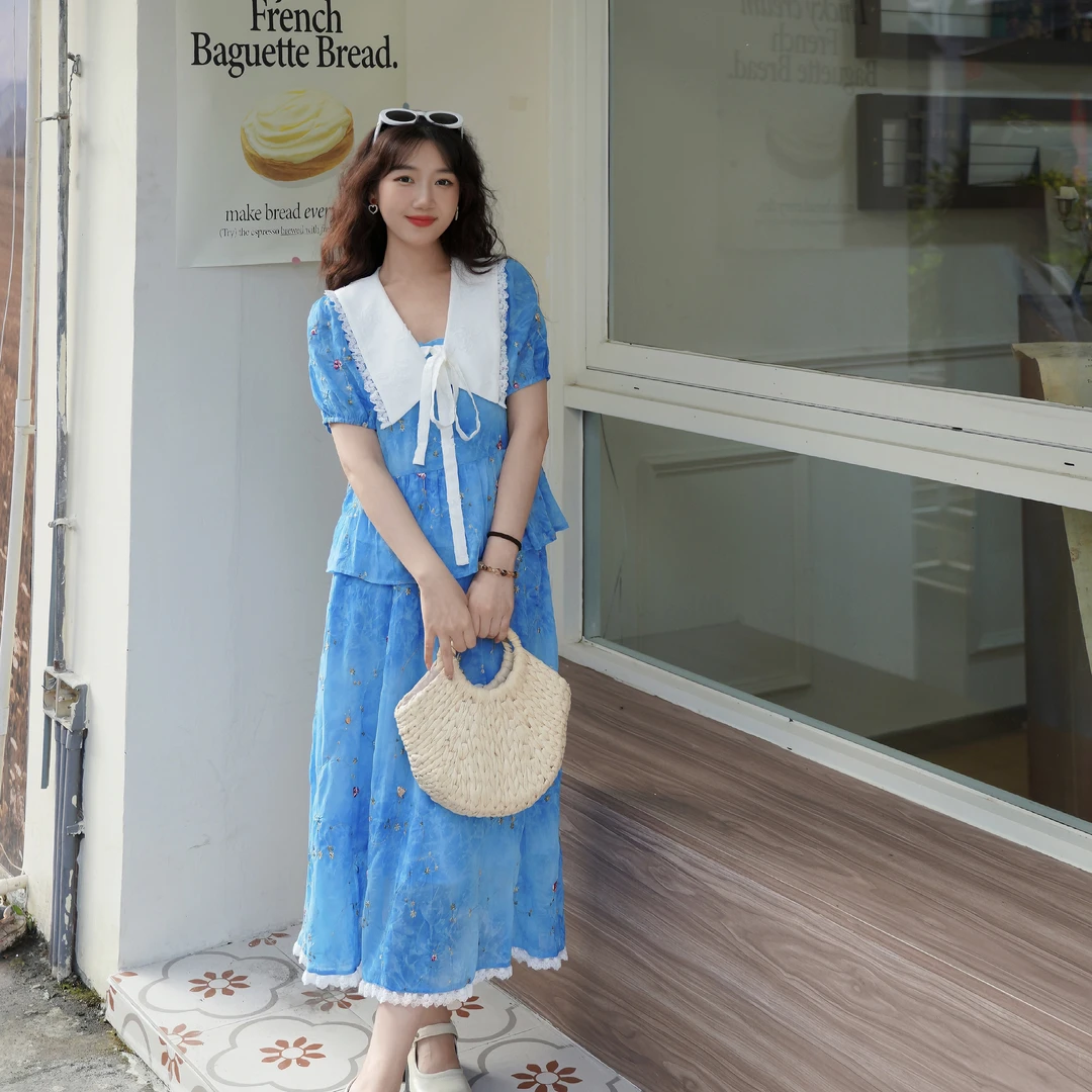 幻海潮汐 2025新款小清新碎花刺绣上衣半裙两件套时尚套装