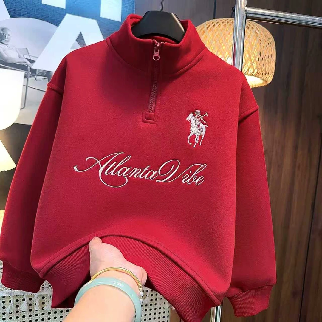 加绒儿童卫衣立领冬季保暖上衣中大童装男童红色新年款衣服