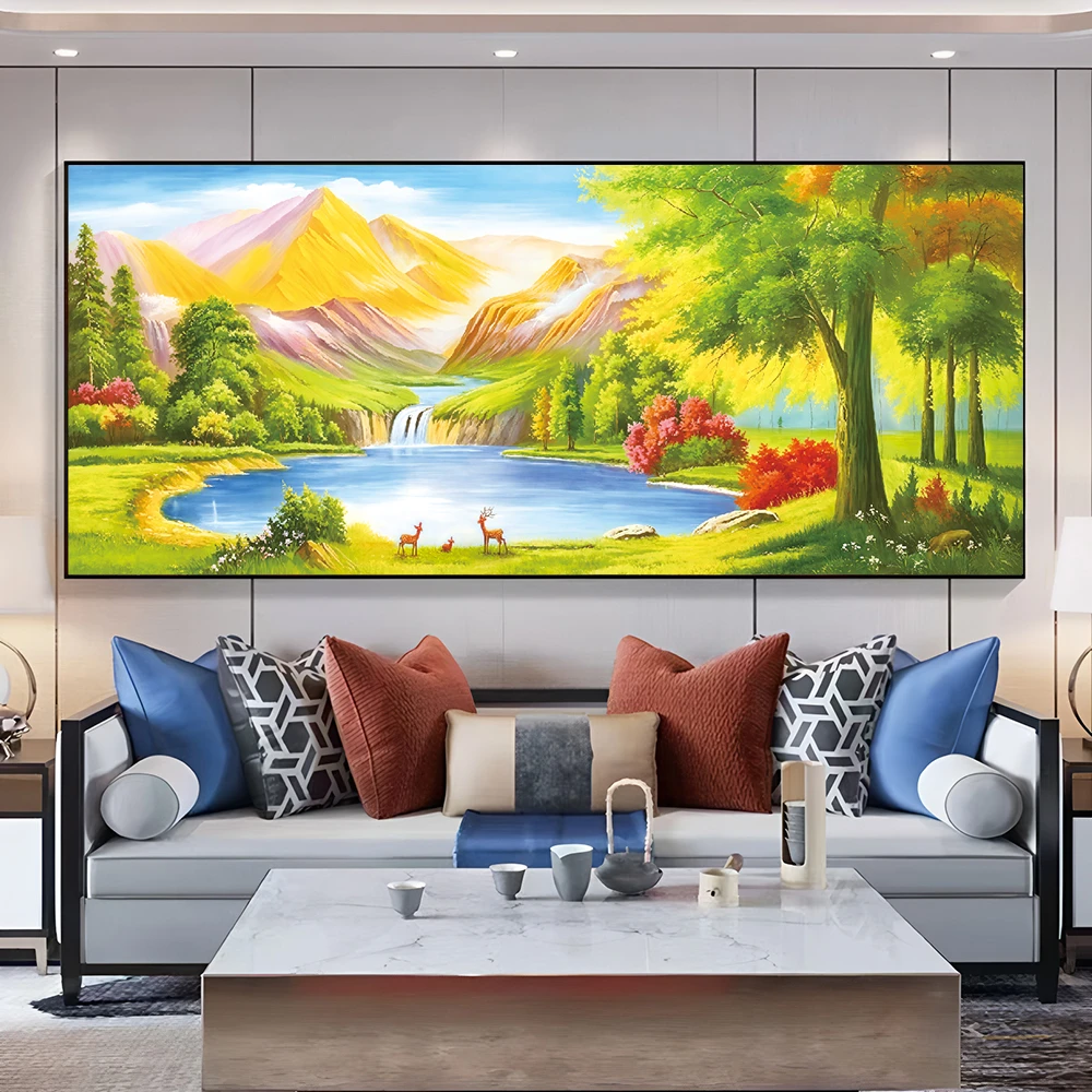 背靠金山挂画装饰画横版沙发客厅聚宝盆靠山风景高档简约晶瓷挂画