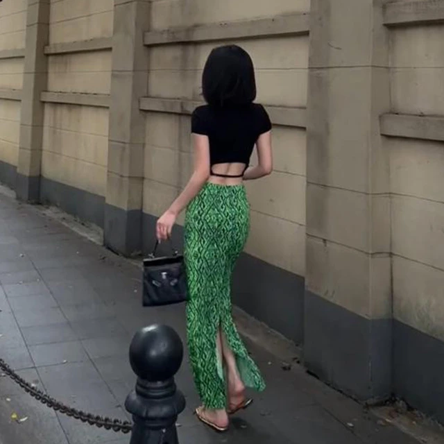 复古绿色菱格印花半身裙女2024夏季新款高腰修身后开叉包臀长裙