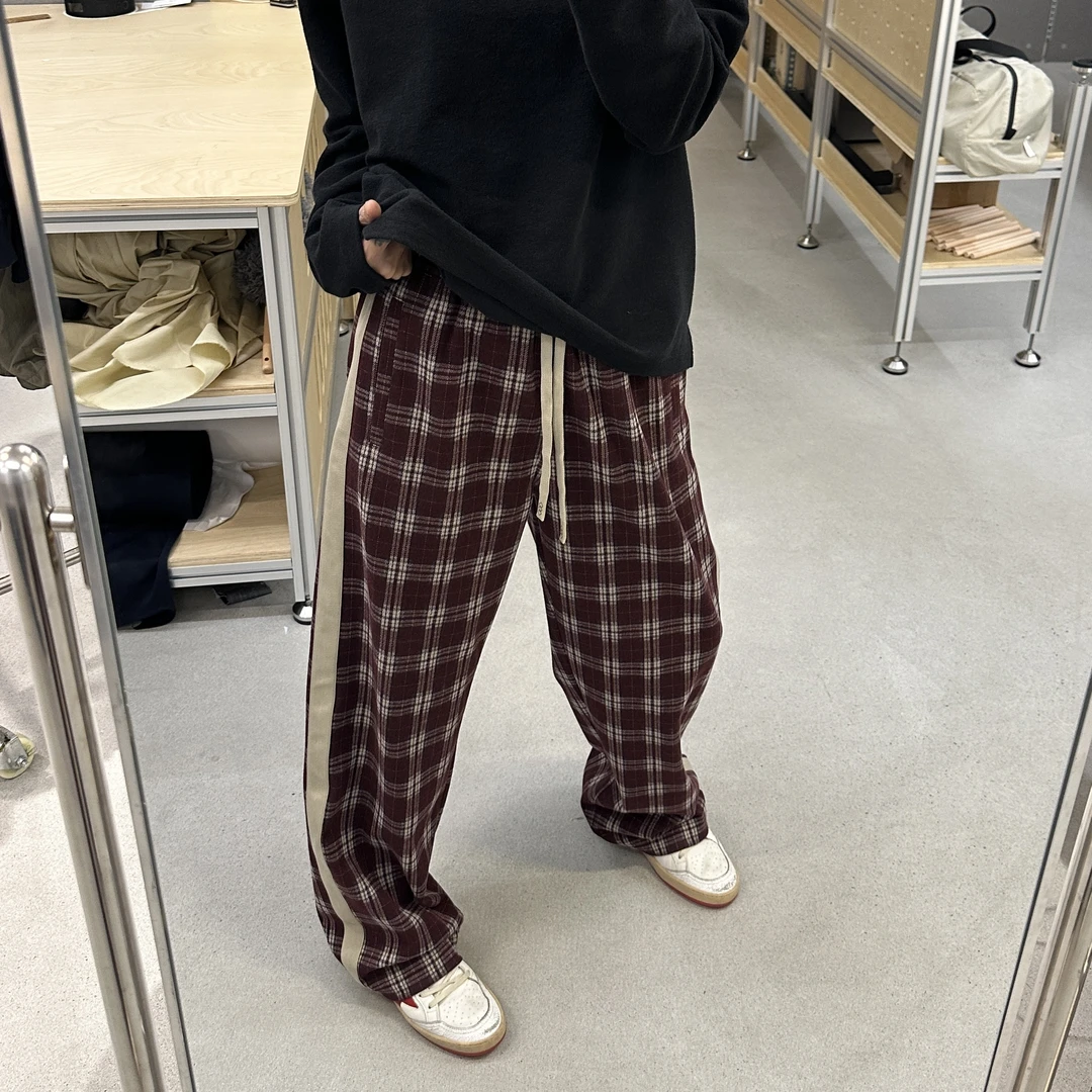 琴仔 秋冬款拼接撞色加厚橡筋腰抽绳格子裤 Q397