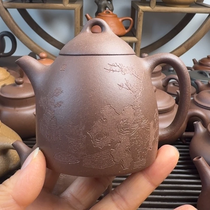 紫砂茶壶160cc秦权刻绘素心