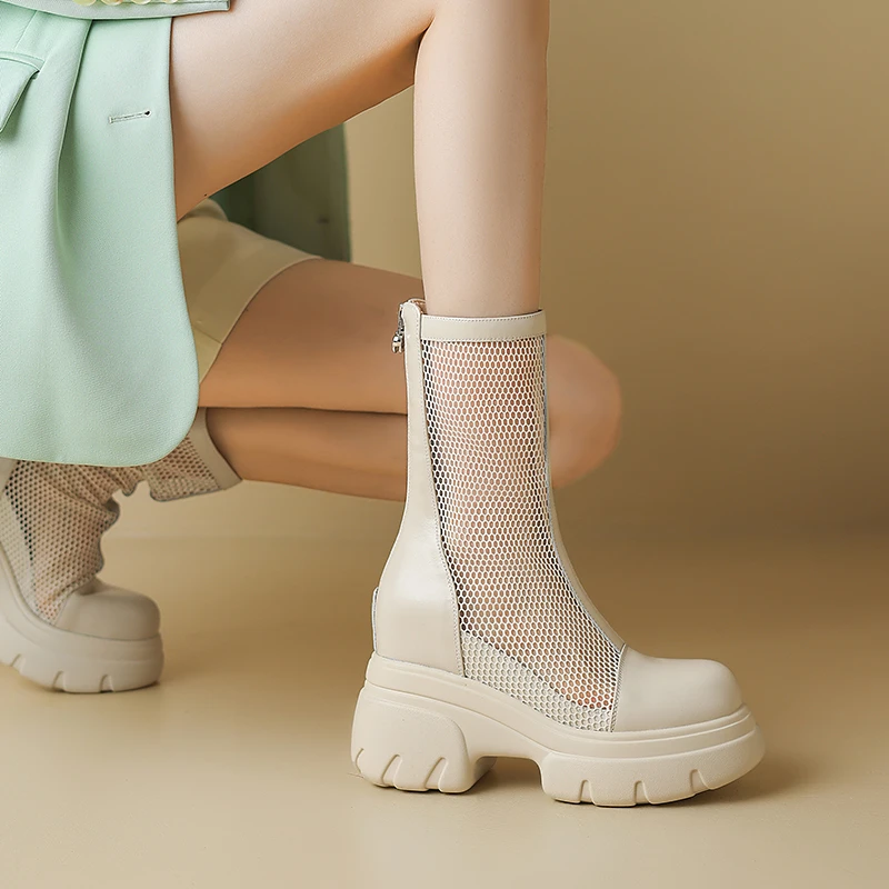 11cm超高跟网靴2025年新款厚底凉靴女夏季镂空透气网面中筒马丁靴
