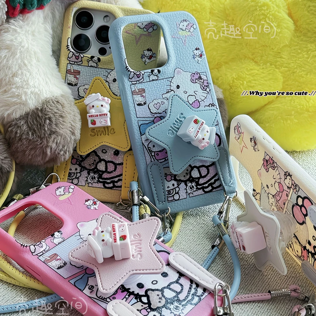 原创款凯蒂猫支架适用于苹果16手机壳华为荣耀vivo小米oppo荔枝纹