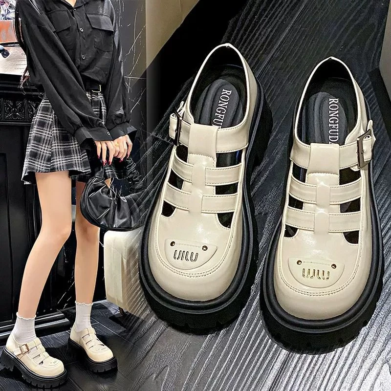 2025新款夏季法式罗马凉鞋女款厚底百搭学生休闲包头镂空乐福鞋子