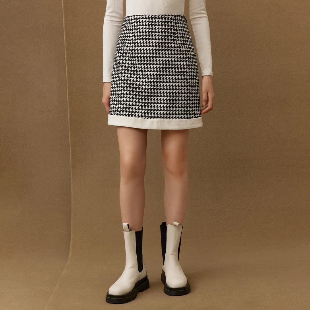 【粉丝专属】气质高腰半身裙女千鸟格撞色A摆短裙M207102474