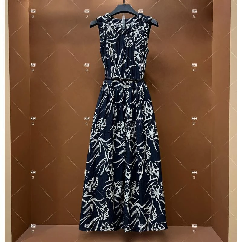 夏季新款复古时尚百搭印花无袖连衣裙 H-392