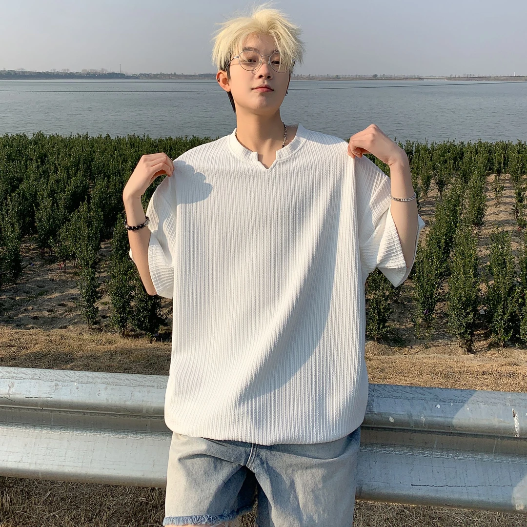 NINEDAO/玖岛夏季港风宽松休闲短袖上衣男潮流ins百搭条纹潮流T恤