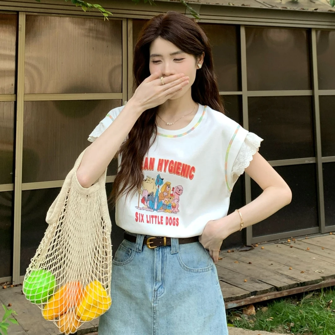 【小铃铛】TU27385小清新童真印花飞飞袖可爱T恤女撞色款上衣