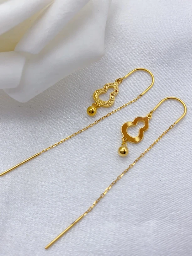 老庙黄金 Au750 精工5G工艺 龙鳞葫芦带珠弯钩耳饰  1.77克