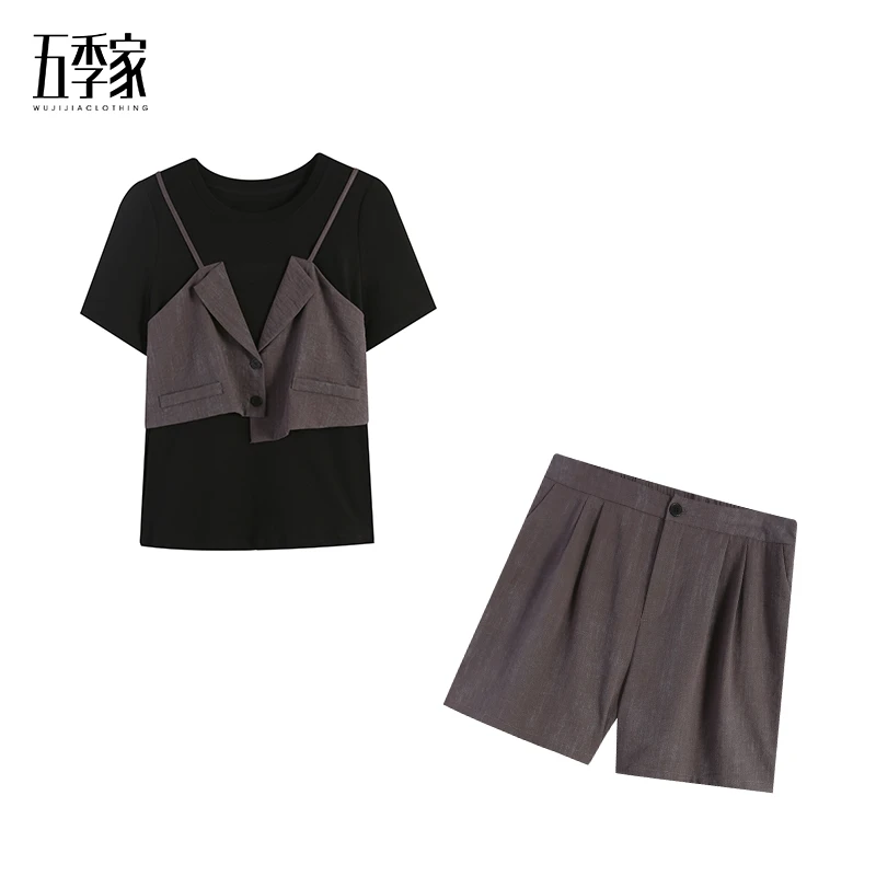 橘子-胖mm大码高端夏季2024气质假两件遮肉上衣短裤两件套ZL94643