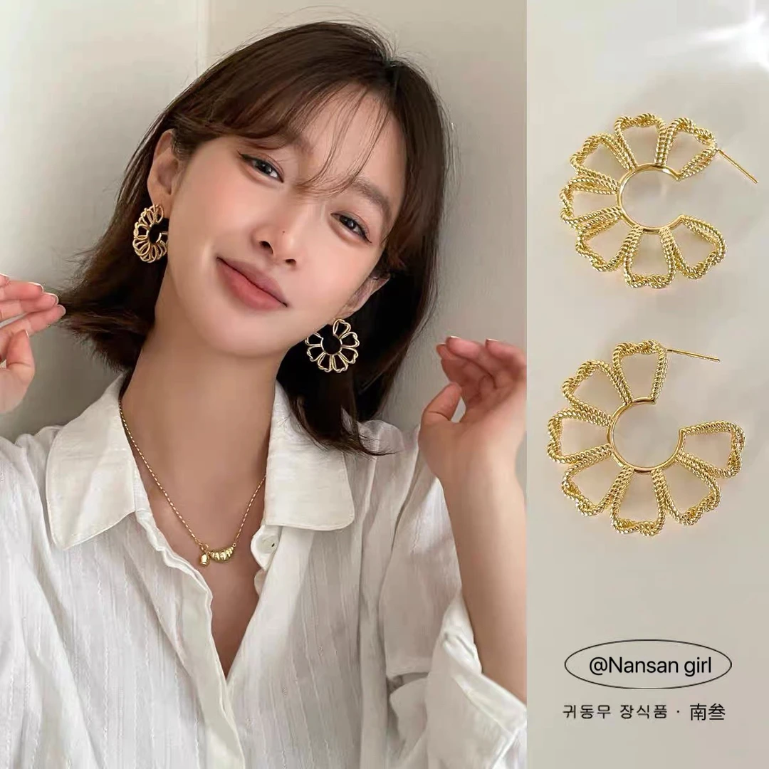 铜合金耳饰 925银针金属镂空耳环女小众设计感高级花朵耳钉耳坠