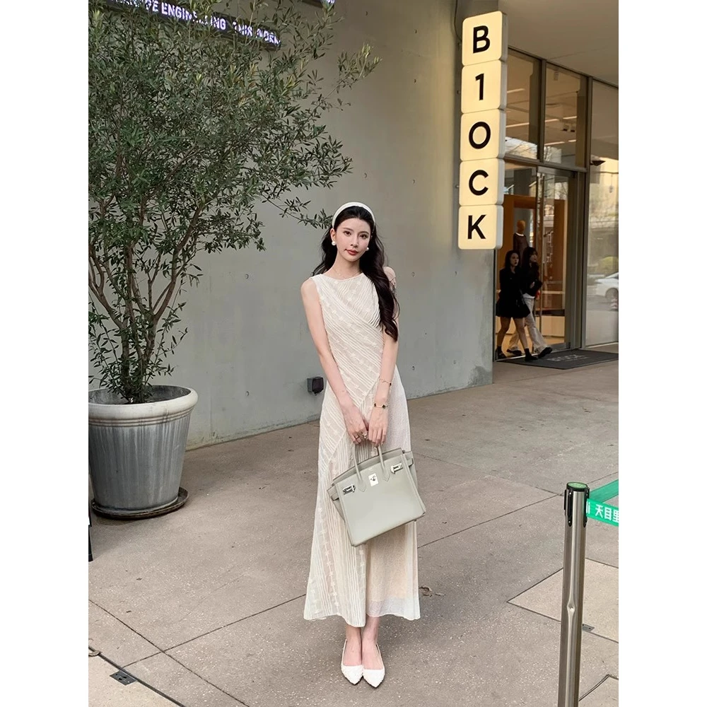 溪溪靓衫暮色米色蕾丝拼接无袖连衣裙女修身气质A字长裙子夏季新