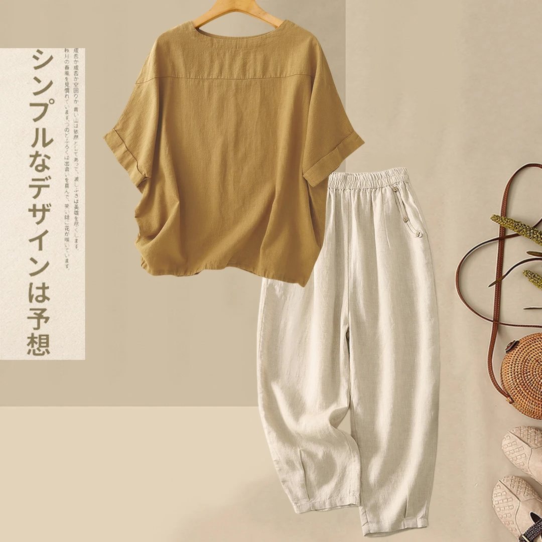 洋气宽松中年妈妈亚麻两件套女高端复古大码亚麻短袖T恤上衣套装