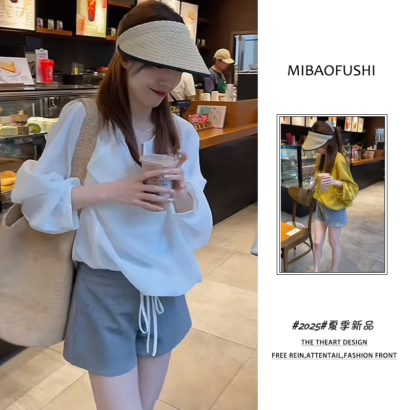 夏季穿搭一整套2025新款韩系白色防晒衬衫百搭高腰短裤两件套