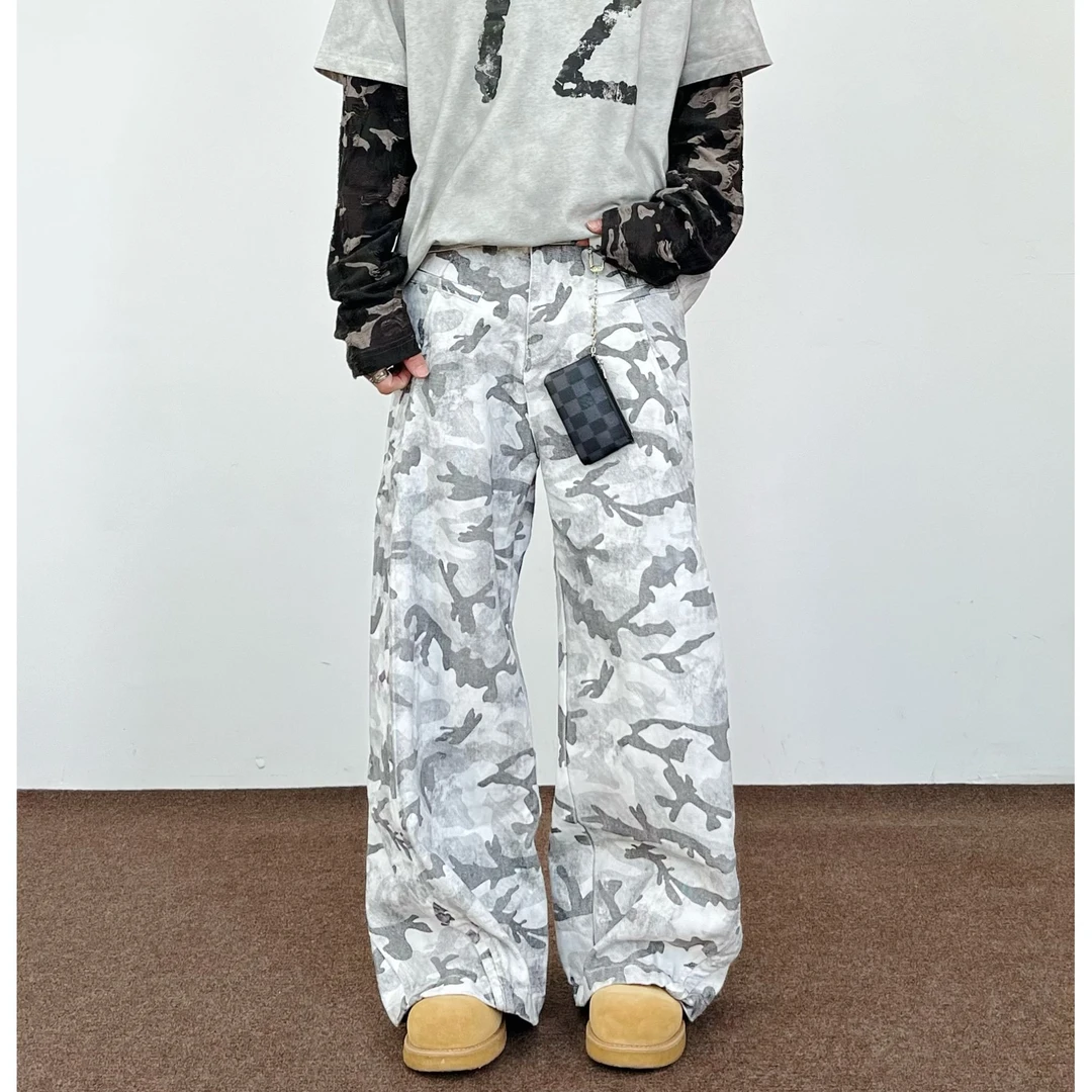 SWAG美式高街迷彩工装裤男潮牌宽松直筒休闲A字型阔腿拖地长裤子