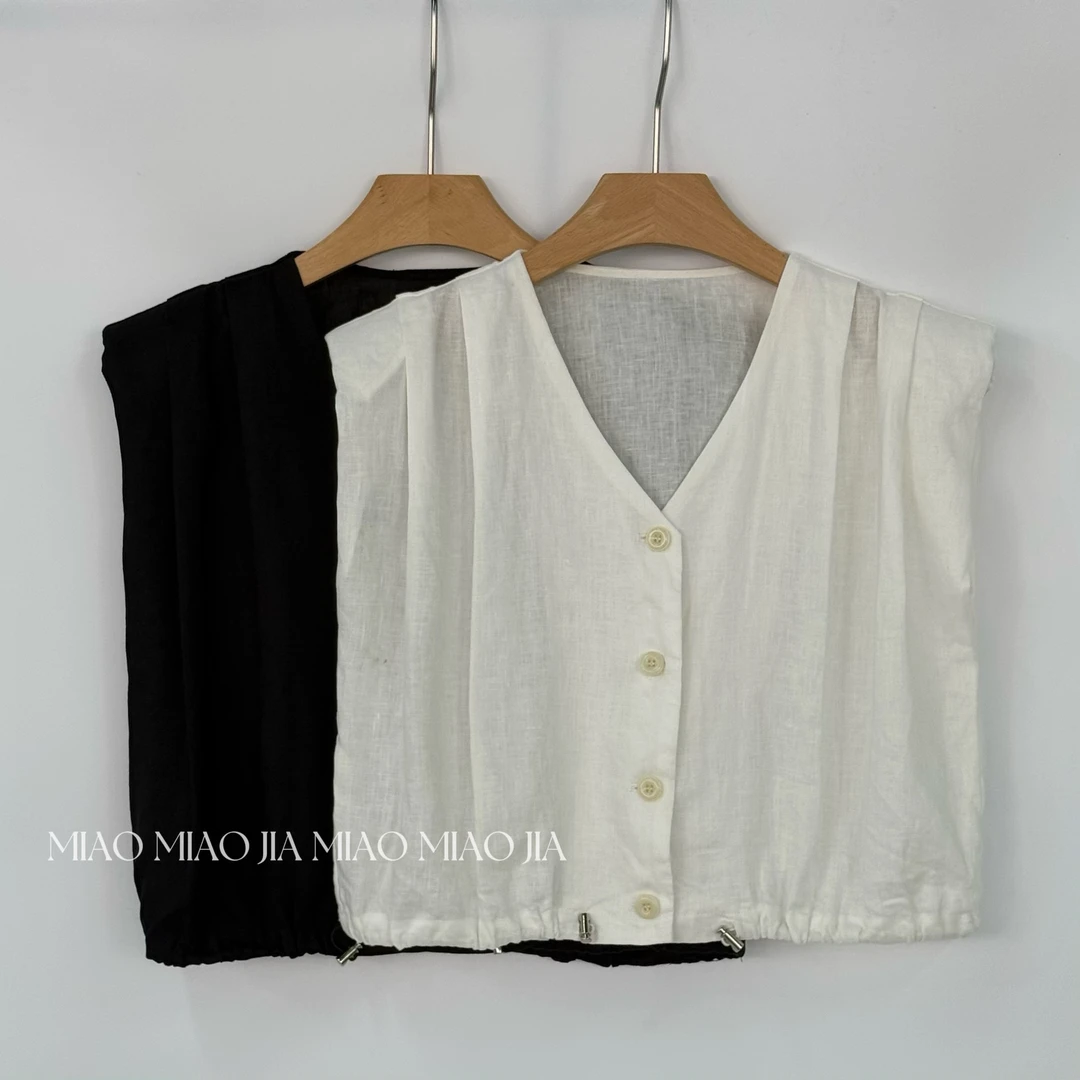 /苗苗家/『吹梨落』欧货V领单排扣下摆抽绳无袖衬衫时尚洋气上衣