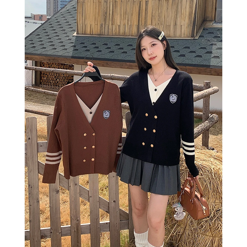 【泥美专属】学院风双排扣假两件针织衫2025春季V领减龄外套69270
