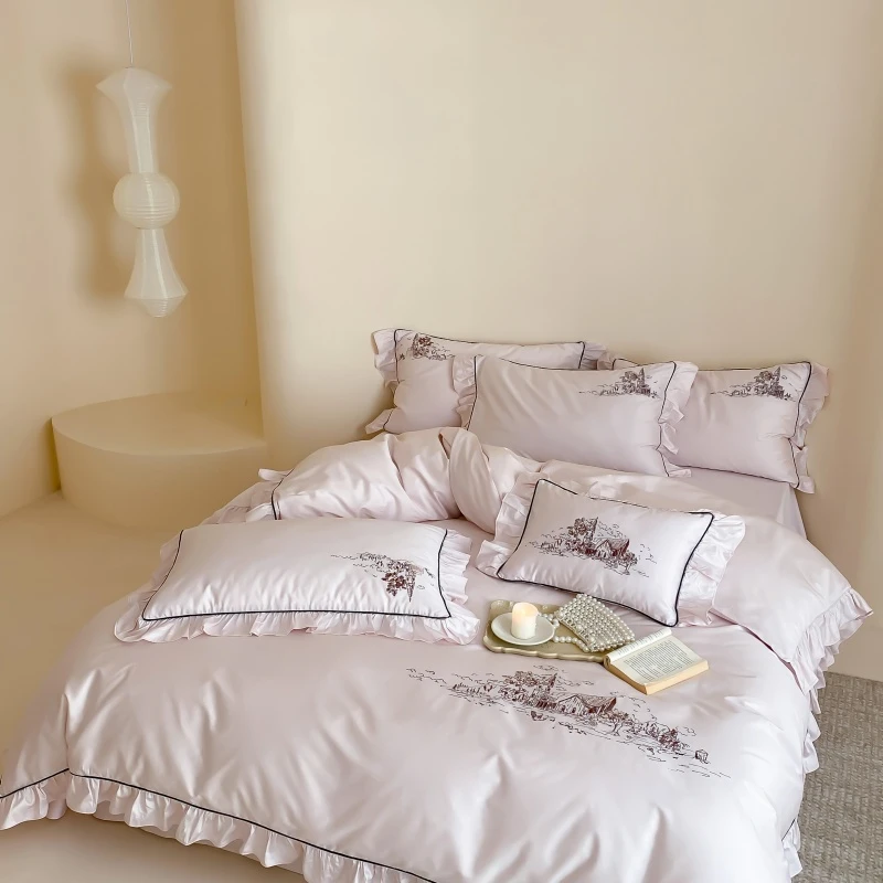 【晴美】轻奢风意大利进口高支高密长绒棉刺绣四件套-南希全系列