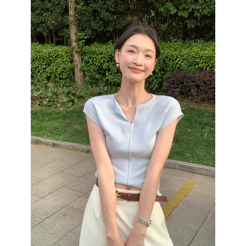 夏季新款温婉大方短袖T恤女独特漂亮小衫网红洋气修身小飞袖上衣