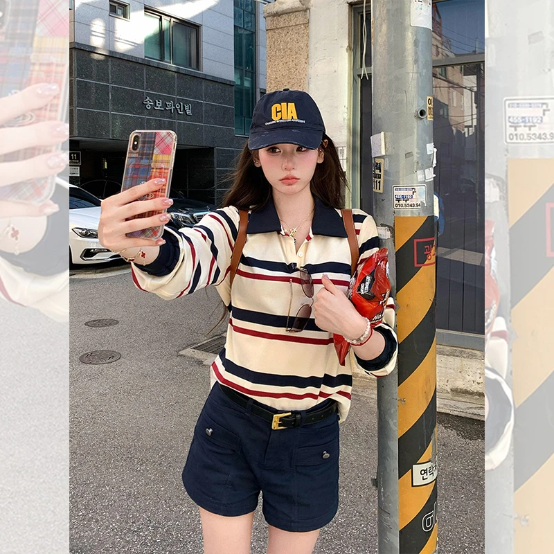 大码条纹POLO领打底针织衫女秋季新款胖妹妹宽松显瘦百搭减龄上衣