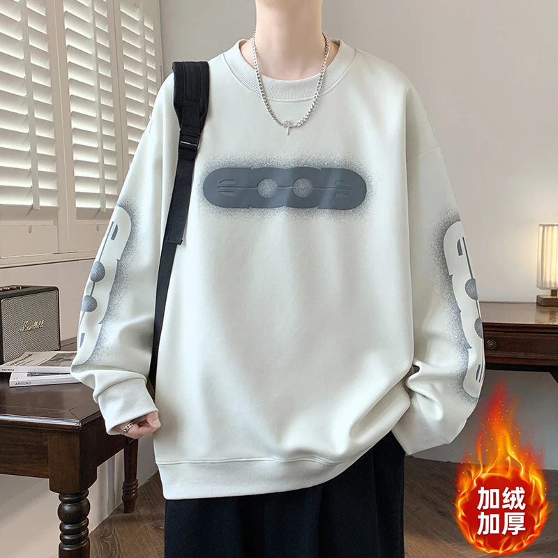 秋冬加绒加厚圆领卫衣男潮牌字母印花上衣宽松美式男生百搭款内搭