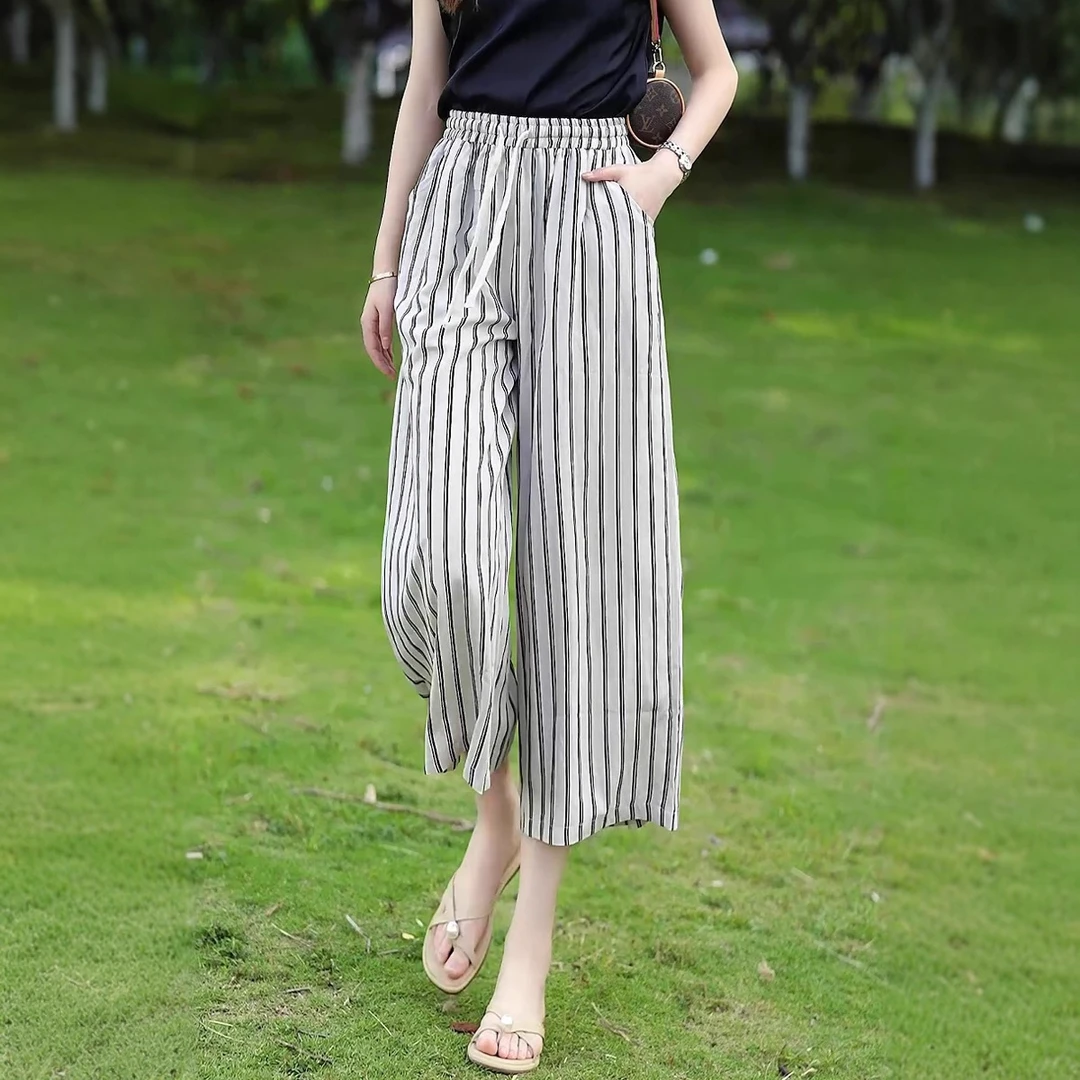 夏天穿的薄款裤子女士2025新款裙裤高腰宽松松弛感条纹休闲阔腿裤