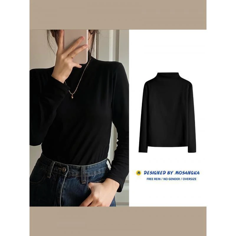 氨纶30%德绒半高领打底衫女秋冬新款卫衣叠穿内搭长袖T恤加绒保暖