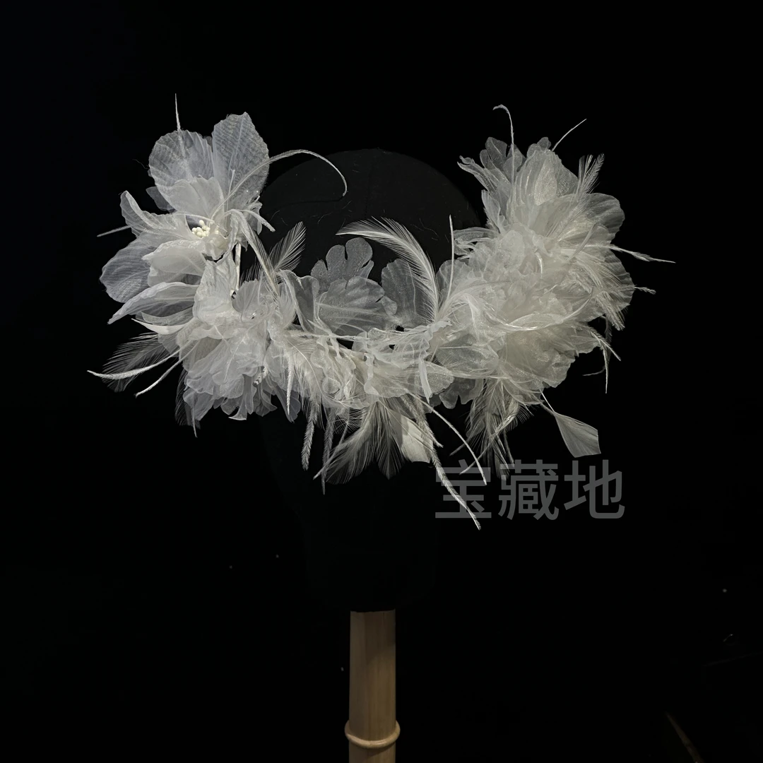 T7161新款超仙氛围感羽毛新娘头饰白纱礼服拍照饰品