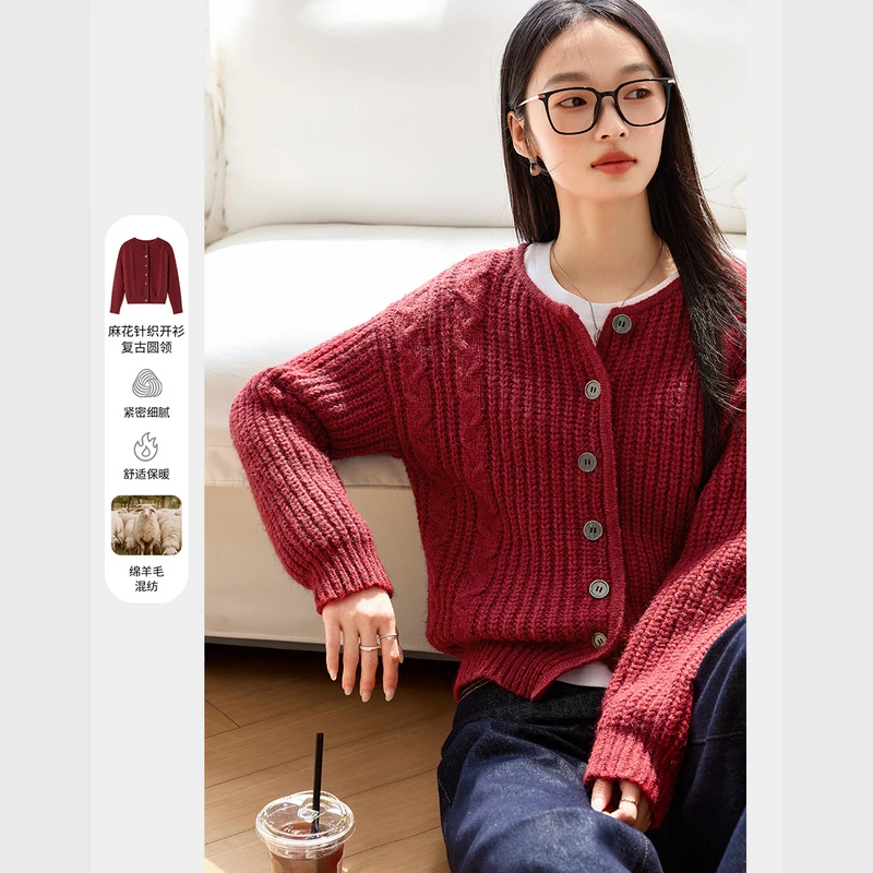 *梵希蔓慵懒风复古麻花针织衫厚款秋冬款宽松百搭毛衣73658