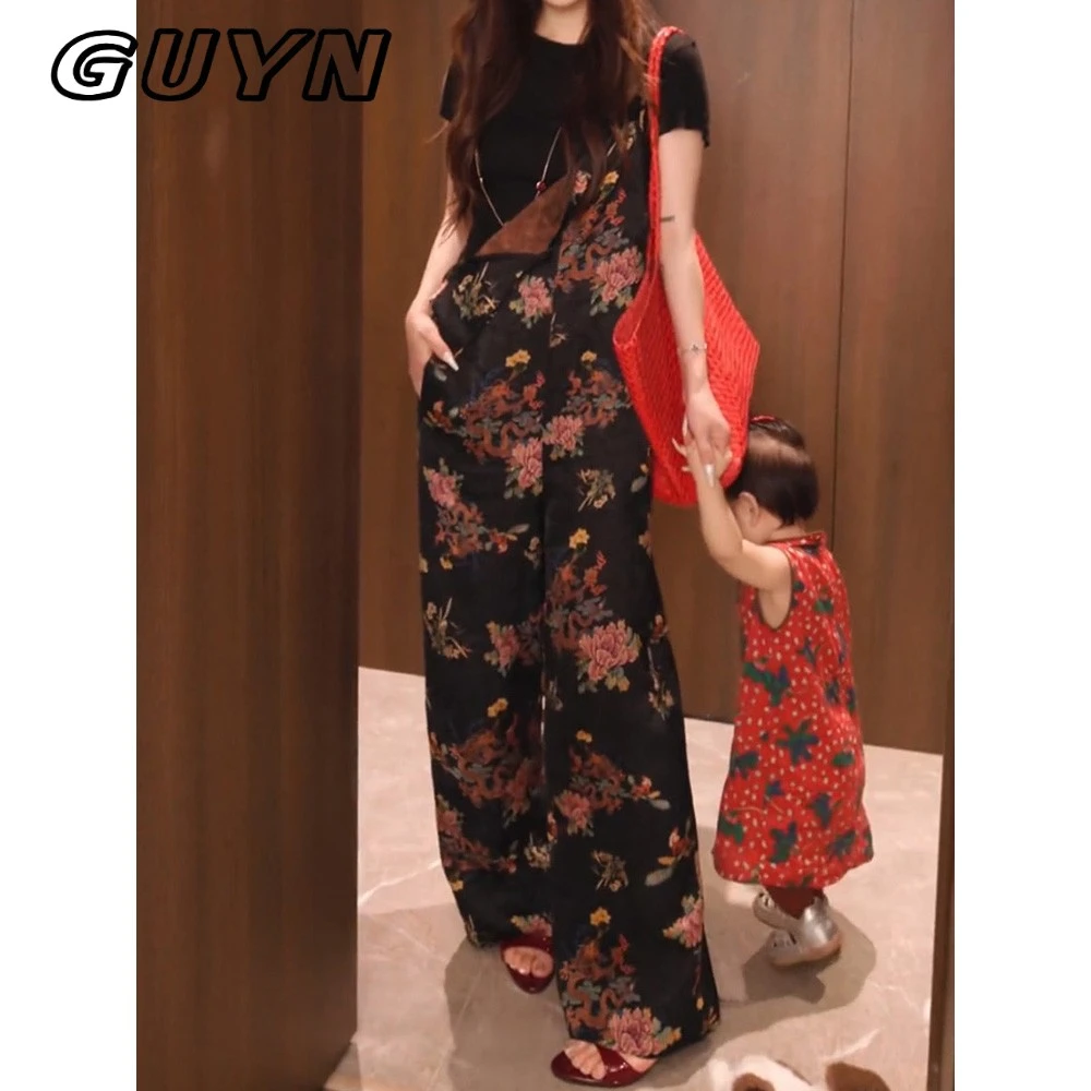 GUYN新中式国风吊带背带裤女夏季2025新款宽松印花连体裤显瘦阔腿