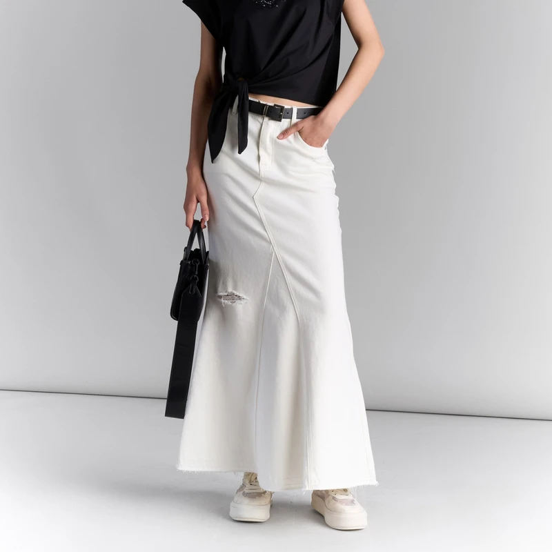 设计师款白色磨破时尚显瘦牛仔长裙